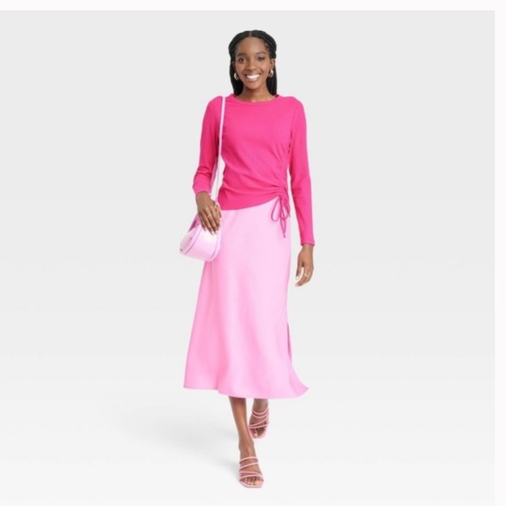 TARGET A NEW DAY Bright Pink Long-Sleeve Ribbed Ruched Adjustable String Shirt S - Picture 2 of 15